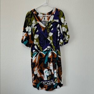 For Cynthia LINEN BLEND Dress Balloon/Puff Short Sleeves Floral Small